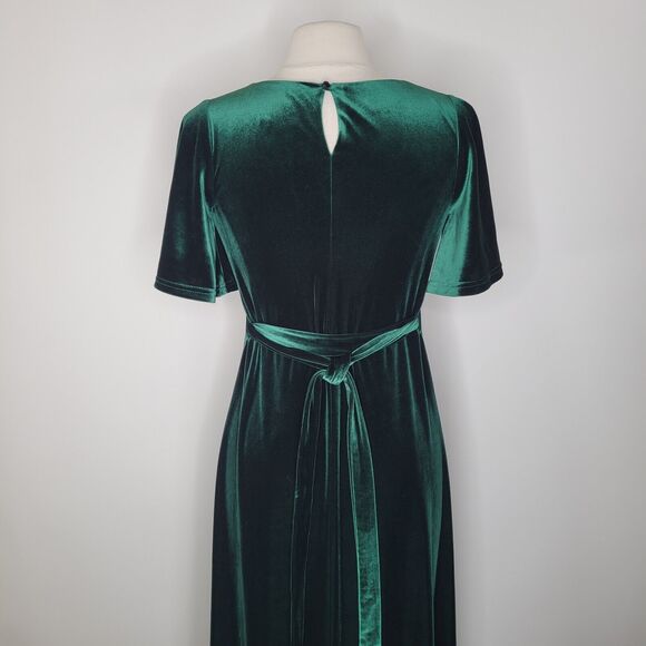 REVELRY Reese Emerald Green Velvet Maxi Dress Size S Flutter Sleeve Sash Belt - Picture 7 of 11